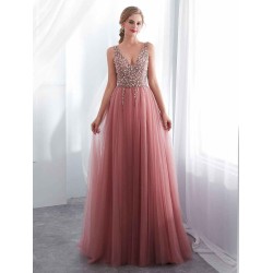 Modern Evening Dresses Cameo Pinkv Neck Beading A Line Formal Evening Dress With Train