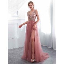 Modern Evening Dresses Cameo Pinkv Neck Beading A Line Formal Evening Dress With Train