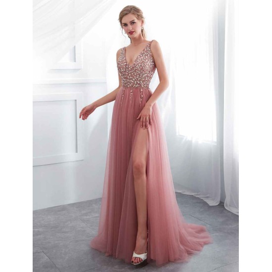 Modern Evening Dresses Cameo Pinkv Neck Beading A Line Formal Evening Dress With Train