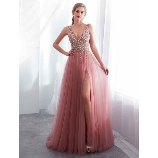Modern Evening Dresses Cameo Pinkv Neck Beading A Line Formal Evening Dress With Train