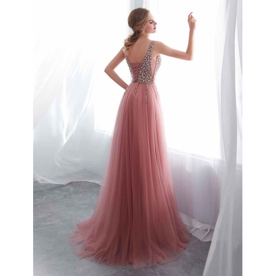 Modern Evening Dresses Cameo Pinkv Neck Beading A Line Formal Evening Dress With Train