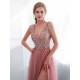 Modern Evening Dresses Cameo Pinkv Neck Beading A Line Formal Evening Dress With Train