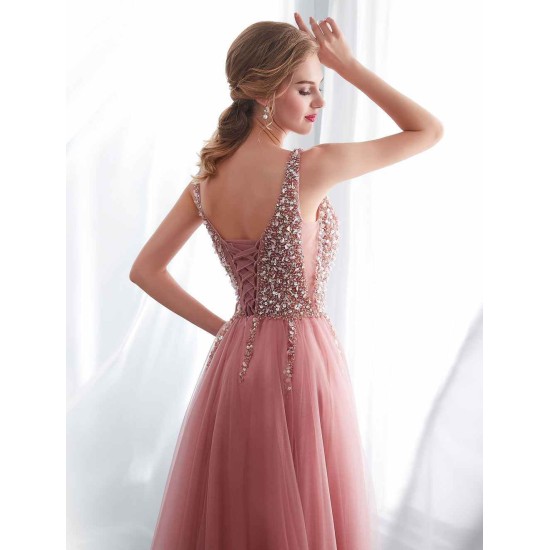 Modern Evening Dresses Cameo Pinkv Neck Beading A Line Formal Evening Dress With Train