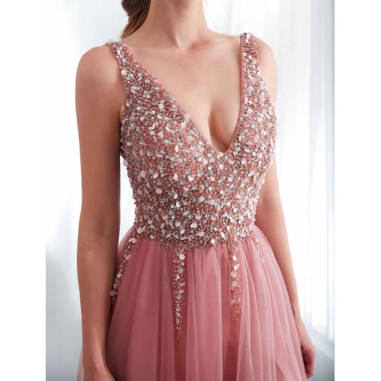 Modern Evening Dresses Cameo Pinkv Neck Beading A Line Formal Evening Dress With Train