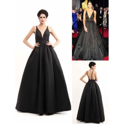 Modern Celebrity Dresses Black Oscar Evening Dress Straps Backless Deep V Taffeta Dress