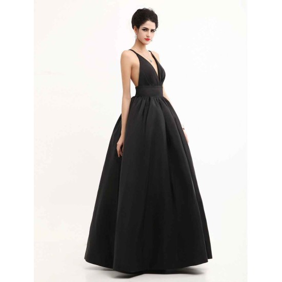 Modern Celebrity Dresses Black Oscar Evening Dress Straps Backless Deep V Taffeta Dress