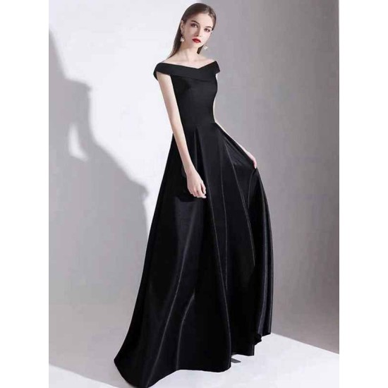 Modern Evening Dress A Line Bateau Neck Satin Fabric Floor Length Formal Party Dresses