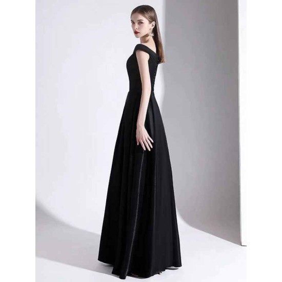 Modern Evening Dress A Line Bateau Neck Satin Fabric Floor Length Formal Party Dresses