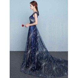 Modern Constellation Dress Dark Navy Evening Dress  Sexy A Line Scoop Neck Sequin Star Tulle Formal Party Dresses With Train