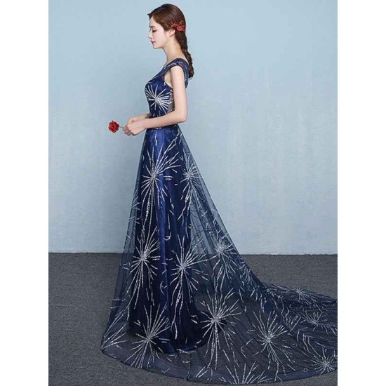 Modern Constellation Dress Dark Navy Evening Dress  Sexy A Line Scoop Neck Sequin Star Tulle Formal Party Dresses With Train