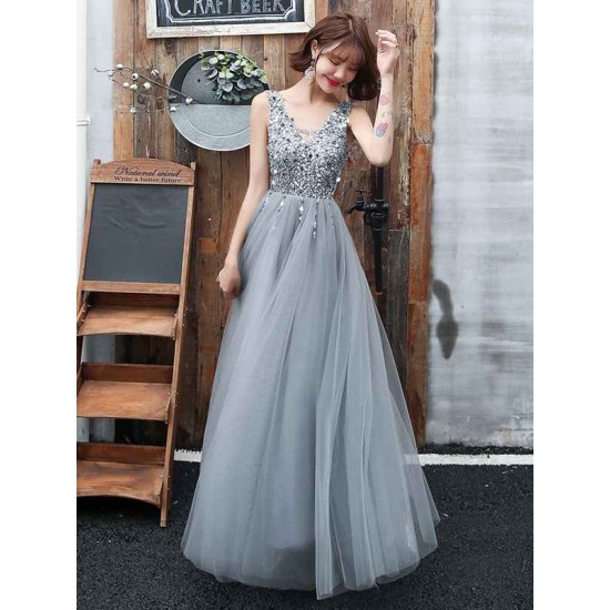 Stunning evening dress V Neck A Line Sleeveless Floor Length Wedding Guest Dresses