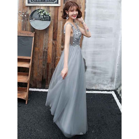 Stunning evening dress V Neck A Line Sleeveless Floor Length Wedding Guest Dresses