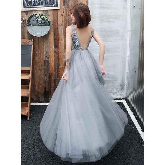 Stunning evening dress V Neck A Line Sleeveless Floor Length Wedding Guest Dresses