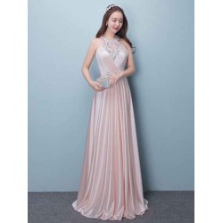 Stunning Evening Dresses Long Soft Pink Satin Evening Dress Halter Beading Pleated Floor Length Formal Party Dress