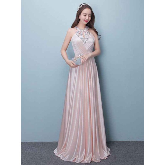 Stunning Evening Dresses Long Soft Pink Satin Evening Dress Halter Beading Pleated Floor Length Formal Party Dress