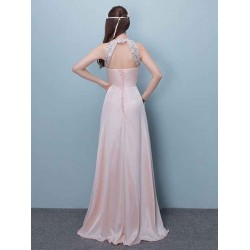 Stunning Evening Dresses Long Soft Pink Satin Evening Dress Halter Beading Pleated Floor Length Formal Party Dress