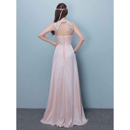 Stunning Evening Dresses Long Soft Pink Satin Evening Dress Halter Beading Pleated Floor Length Formal Party Dress