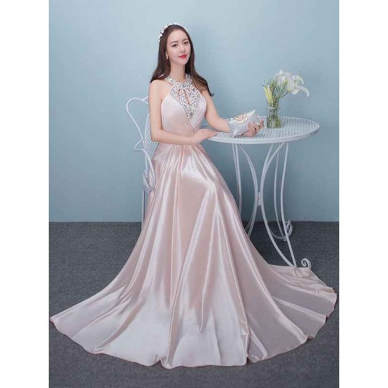 Stunning Evening Dresses Long Soft Pink Satin Evening Dress Halter Beading Pleated Floor Length Formal Party Dress