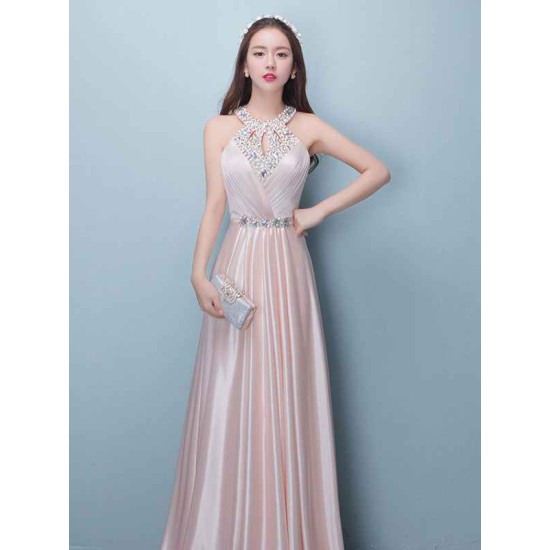 Stunning Evening Dresses Long Soft Pink Satin Evening Dress Halter Beading Pleated Floor Length Formal Party Dress