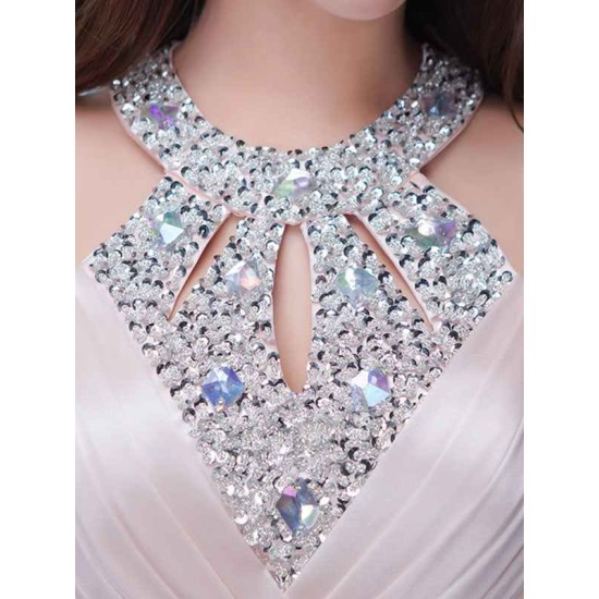 Stunning Evening Dresses Long Soft Pink Satin Evening Dress Halter Beading Pleated Floor Length Formal Party Dress
