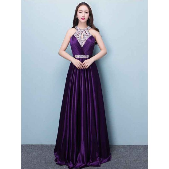 Stunning Evening Dresses Long Soft Pink Satin Evening Dress Halter Beading Pleated Floor Length Formal Party Dress