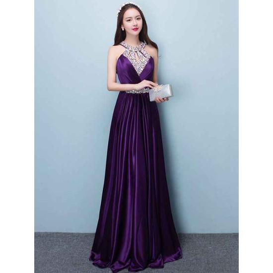 Stunning Evening Dresses Long Soft Pink Satin Evening Dress Halter Beading Pleated Floor Length Formal Party Dress
