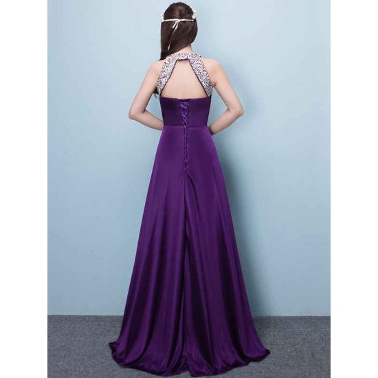 Stunning Evening Dresses Long Soft Pink Satin Evening Dress Halter Beading Pleated Floor Length Formal Party Dress