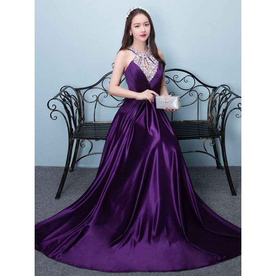 Stunning Evening Dresses Long Soft Pink Satin Evening Dress Halter Beading Pleated Floor Length Formal Party Dress