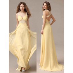 Stunning Evening Dresses Long Chiffon Daffodil Applique Beaded Evening Gown Back Design Sleeveless Formal Party Dresses With Train
