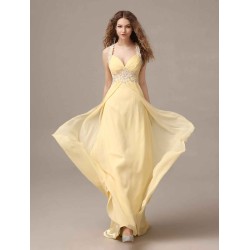Stunning Evening Dresses Long Chiffon Daffodil Applique Beaded Evening Gown Back Design Sleeveless Formal Party Dresses With Train