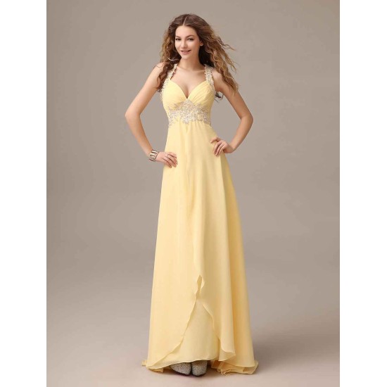 Stunning Evening Dresses Long Chiffon Daffodil Applique Beaded Evening Gown Back Design Sleeveless Formal Party Dresses With Train
