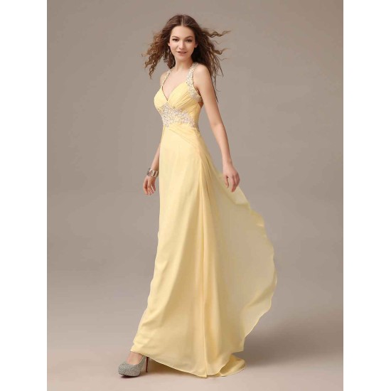 Stunning Evening Dresses Long Chiffon Daffodil Applique Beaded Evening Gown Back Design Sleeveless Formal Party Dresses With Train