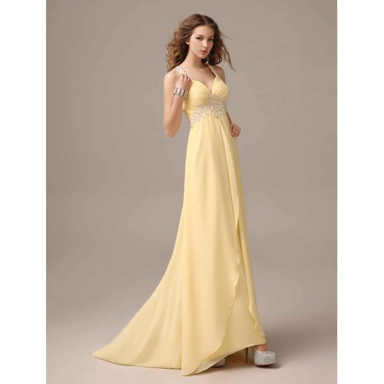 Stunning Evening Dresses Long Chiffon Daffodil Applique Beaded Evening Gown Back Design Sleeveless Formal Party Dresses With Train