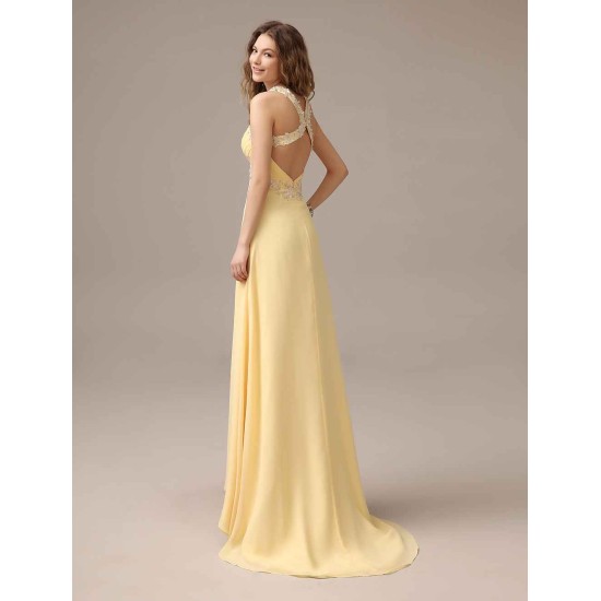 Stunning Evening Dresses Long Chiffon Daffodil Applique Beaded Evening Gown Back Design Sleeveless Formal Party Dresses With Train