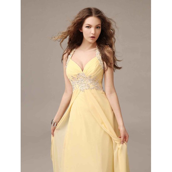 Stunning Evening Dresses Long Chiffon Daffodil Applique Beaded Evening Gown Back Design Sleeveless Formal Party Dresses With Train