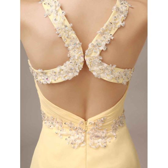 Stunning Evening Dresses Long Chiffon Daffodil Applique Beaded Evening Gown Back Design Sleeveless Formal Party Dresses With Train