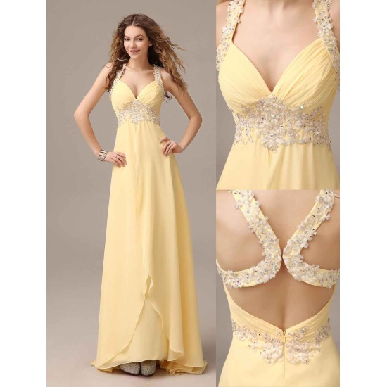 Stunning Evening Dresses Long Chiffon Daffodil Applique Beaded Evening Gown Back Design Sleeveless Formal Party Dresses With Train