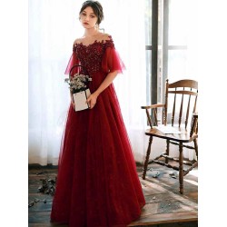 Stunning evening dress Illusion Neckline A Line Half Sleeves Lace Floor Length Tulle Party Dresses