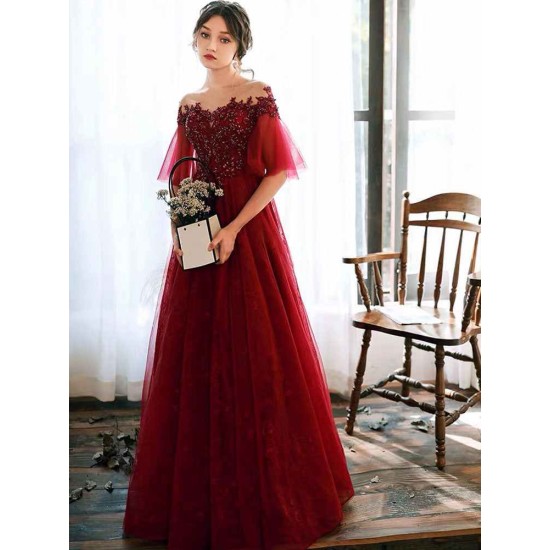 Stunning evening dress Illusion Neckline A Line Half Sleeves Lace Floor Length Tulle Party Dresses