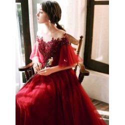 Stunning evening dress Illusion Neckline A Line Half Sleeves Lace Floor Length Tulle Party Dresses