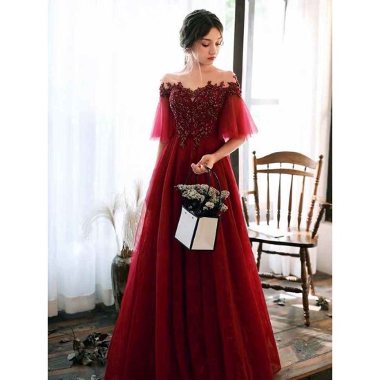 Stunning evening dress Illusion Neckline A Line Half Sleeves Lace Floor Length Tulle Party Dresses