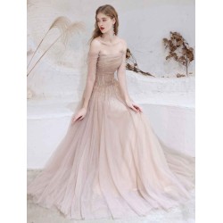 Stunning Evening Dress Nude Color A Line Bateau Neck Floor Length Sequins Formal Party Dresses Pageant Dress