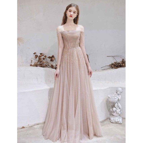 Stunning Evening Dress Nude Color A Line Bateau Neck Floor Length Sequins Formal Party Dresses Pageant Dress