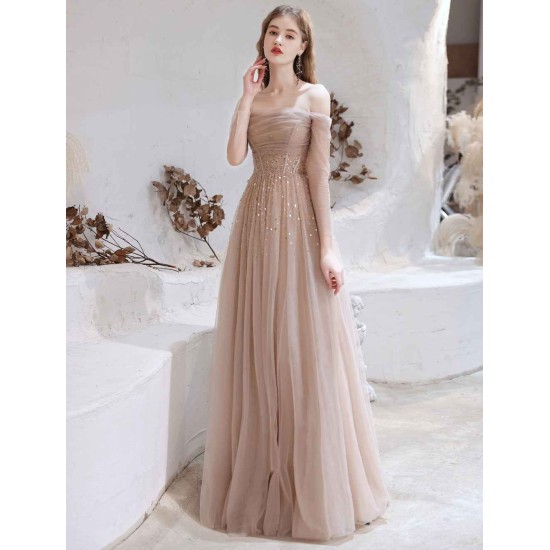 Stunning Evening Dress Nude Color A Line Bateau Neck Floor Length Sequins Formal Party Dresses Pageant Dress