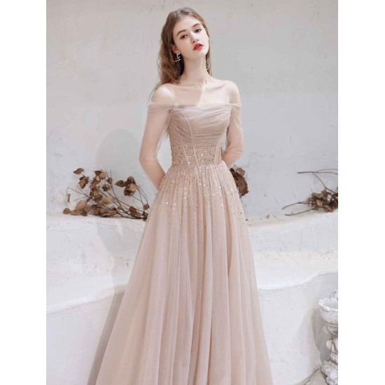 Stunning Evening Dress Nude Color A Line Bateau Neck Floor Length Sequins Formal Party Dresses Pageant Dress
