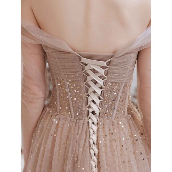 Stunning Evening Dress Nude Color A Line Bateau Neck Floor Length Sequins Formal Party Dresses Pageant Dress