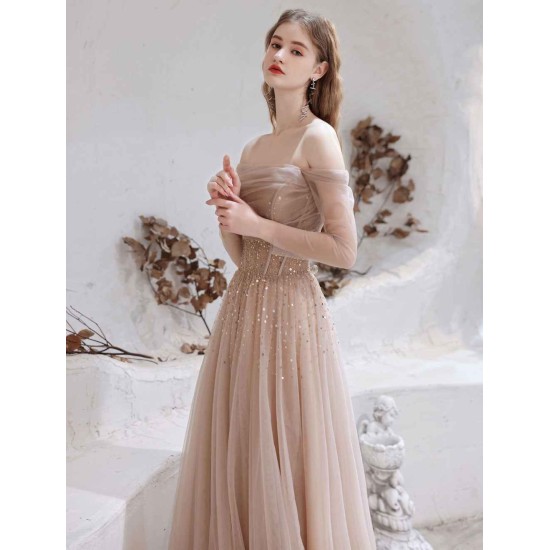 Stunning Evening Dress Nude Color A Line Bateau Neck Floor Length Sequins Formal Party Dresses Pageant Dress