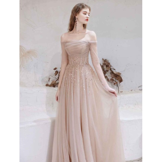 Stunning Evening Dress Nude Color A Line Bateau Neck Floor Length Sequins Formal Party Dresses Pageant Dress