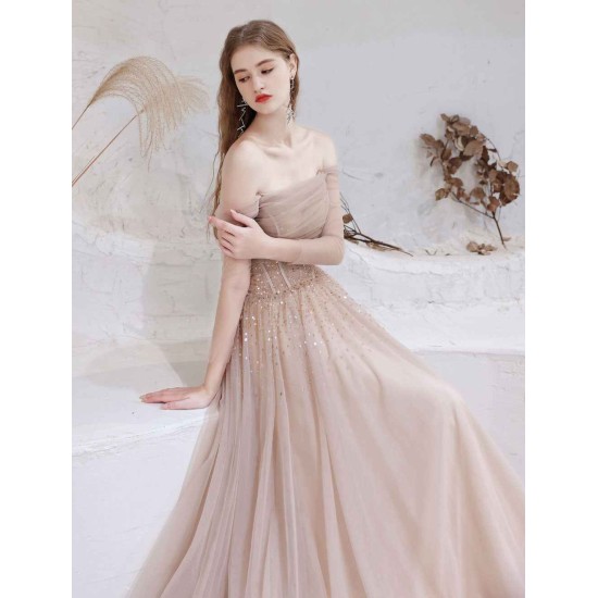 Stunning Evening Dress Nude Color A Line Bateau Neck Floor Length Sequins Formal Party Dresses Pageant Dress