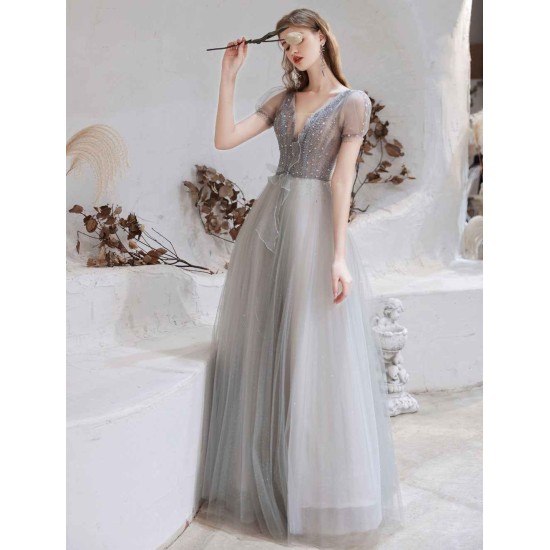 Stunning Evening Dress Light Grey A Line Bateau Neck Floor Length Social Party Dresses Pageant Dress